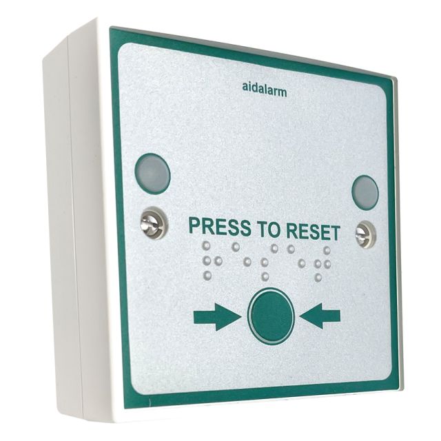 Aidalarm Press to Reset Button with Braille text